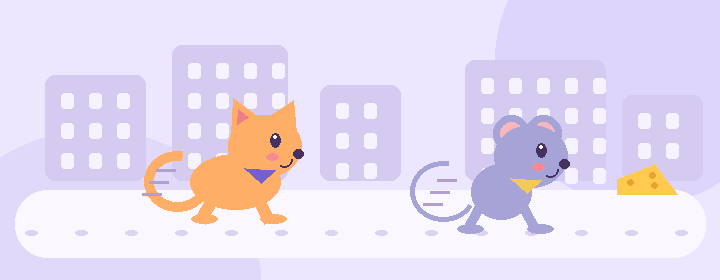 卡通猫和老鼠在校园里奔跑 / Cartoon cat and mouse chasing through campus
